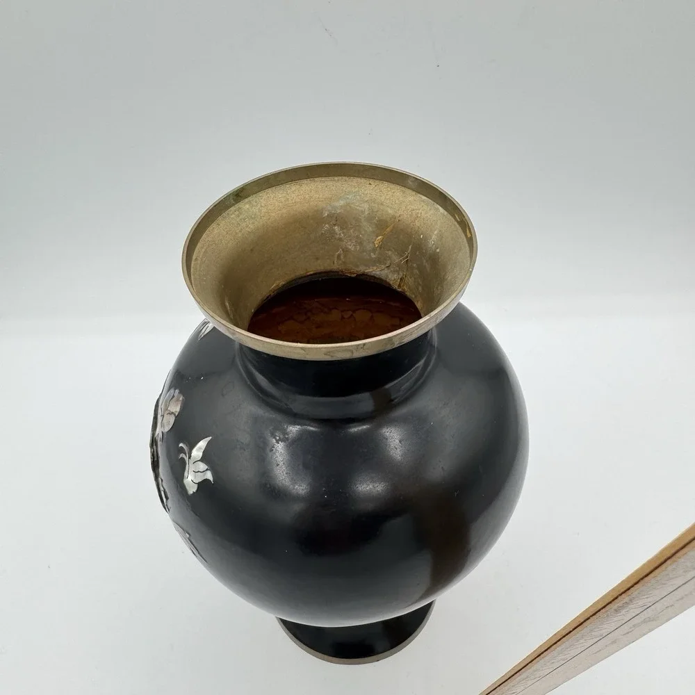 Vintage Korean Black Lacquered Brass Vase Mother of Pearl Inlaid Floral